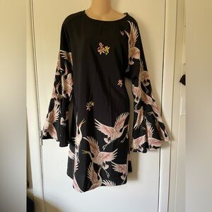 Trumpet sleeve Black dress Japanese Crane Bird Print Plus size 2x